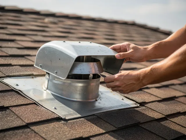 Garden City Dryer Vent Cleaning certified technician safely cleaning a roof-mounted dryer vent in Garden City