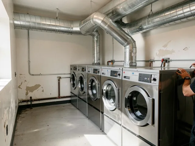 Garden City Dryer Vent Cleaning team performing large-scale commercial dryer vent cleaning in Garden City
