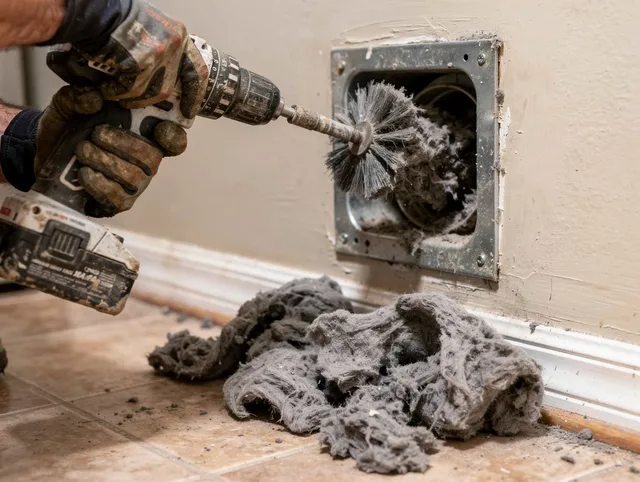 Certified Garden City Dryer Vent Cleaning technician performing dryer vent cleaning in Garden City