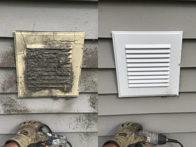 Garden City Dryer Vent Cleaning technician installing high-quality dryer vent cover at a residential property in Garden City