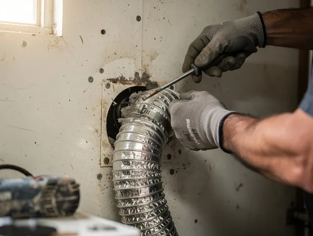 Garden City Dryer Vent Cleaning technician performing precise dryer vent hose installation in Garden City